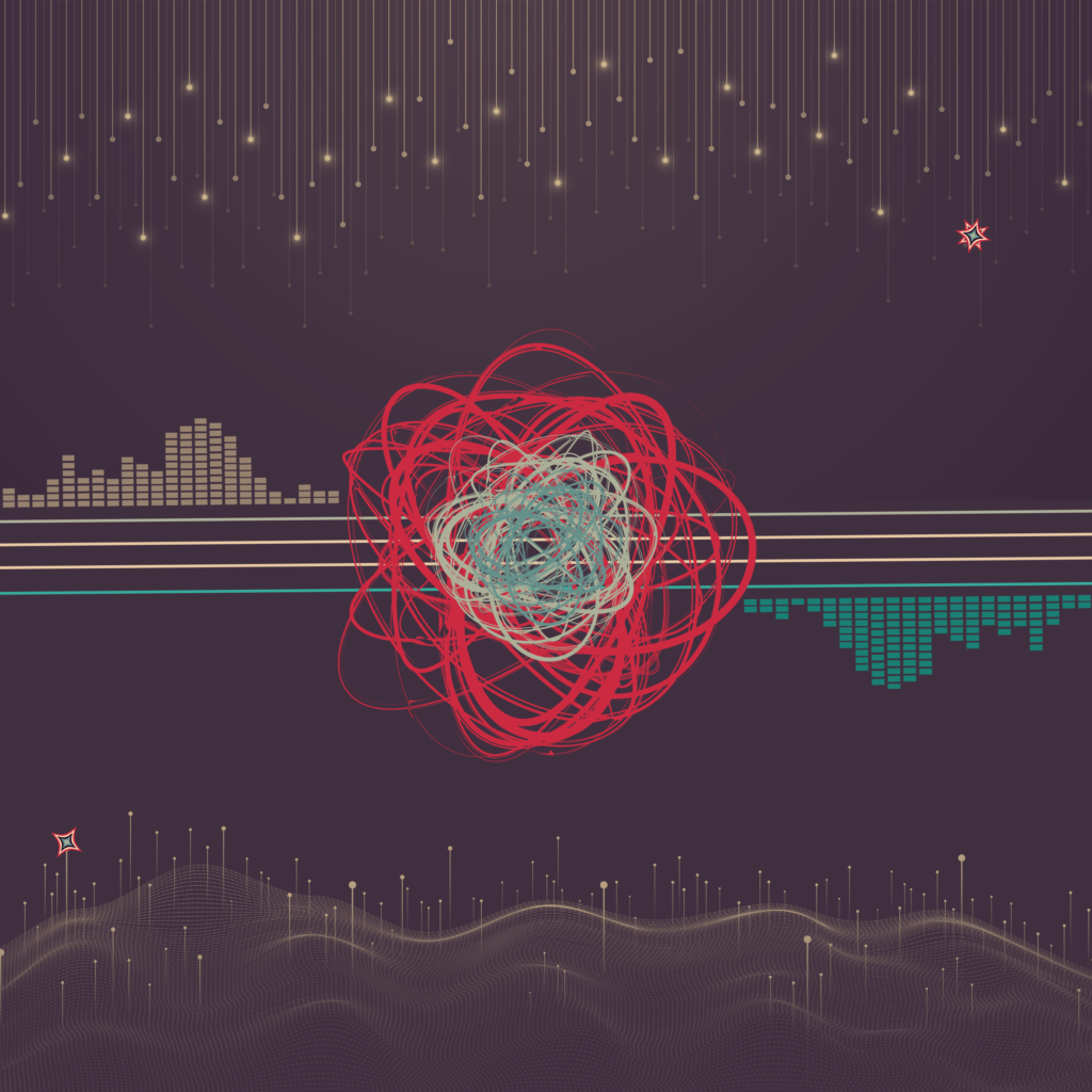 abstract art in grey, teal and red colors